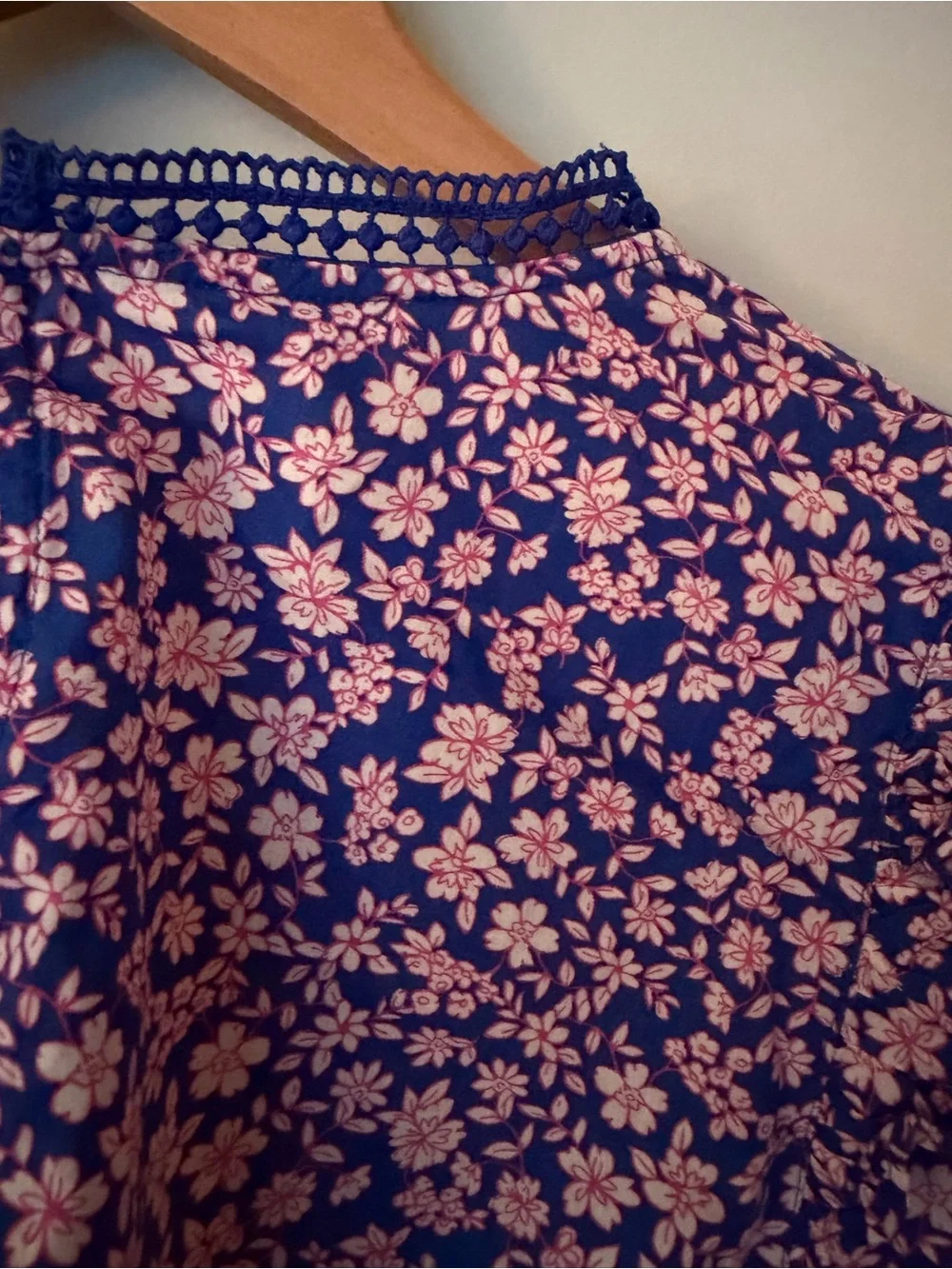 J. Crew Blue Blouse with Pink Floral Print and Ruffle Shoulders